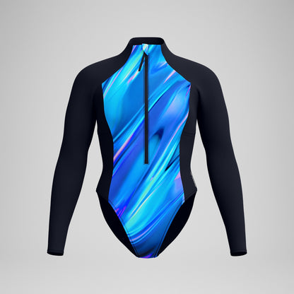 Printed Long Sleeve Zip One Piece Black/Blue - Speedo