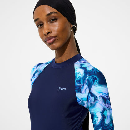 Modern Coverage Printed Long Sleeve Swim Dress Navy - Speedo