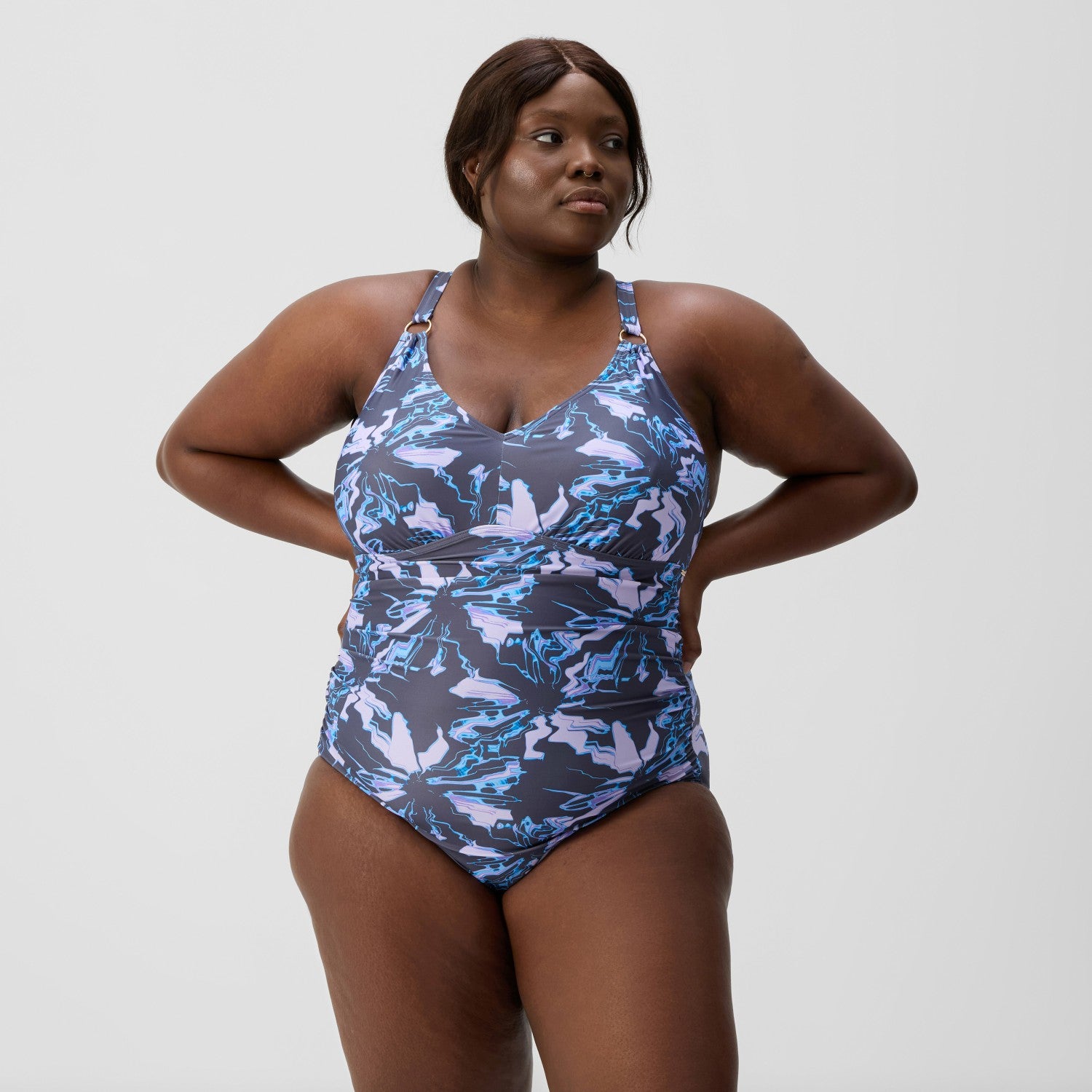 Plus Size Shaping V Neck Swimsuit Grey/Blue - Speedo