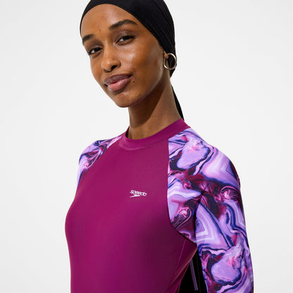 Modern Coverage Printed Long Sleeve Swim Dress Dark Pink - Speedo