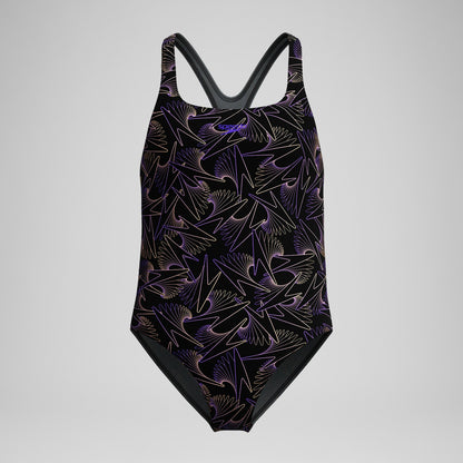 Girls Hyperboom Medalist Allover Print Swimsuit Black/Peach - Speedo