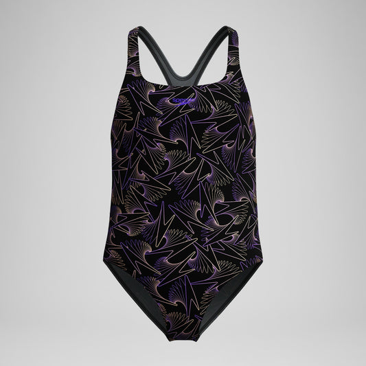 Girls Hyperboom Medalist Allover Print Swimsuit Black/Peach - Speedo
