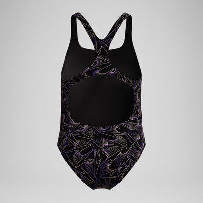 Girls Hyperboom Medalist Allover Print Swimsuit Black/Peach - Speedo