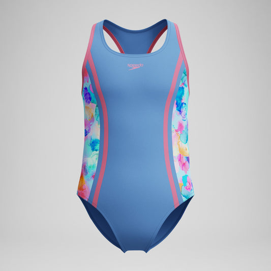 Girls Printed Spliced Racerback Swimsuit Blue - Speedo