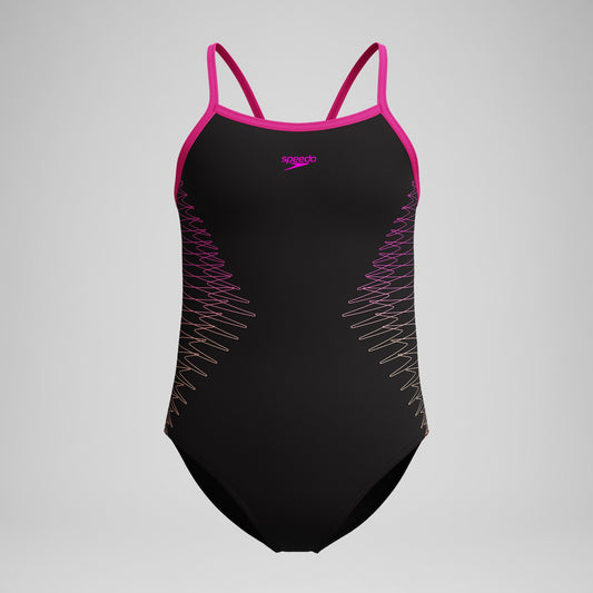 Girls Plastisol Placement Thinstrap Swimsuit Black/Pink - Speedo