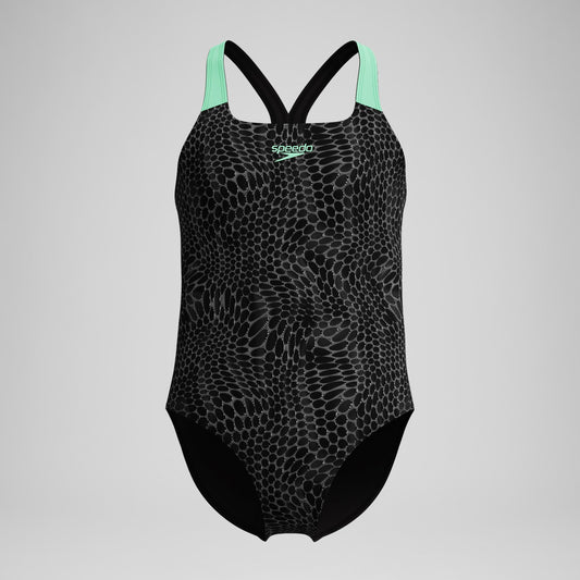 Girls Allover Powerback Swimsuit Black/Green - Speedo