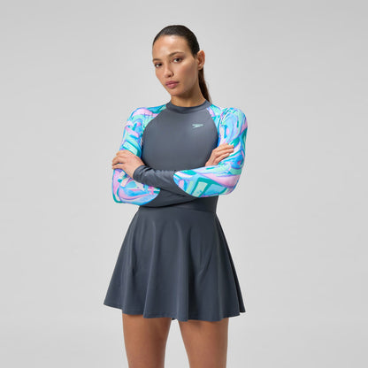 Long Sleeve Swim Dress Grey/Turquoise - Speedo