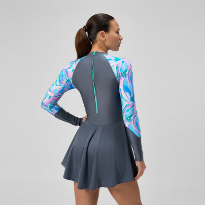 Long Sleeve Swim Dress Grey/Turquoise - Speedo