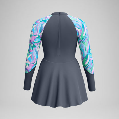 Long Sleeve Swim Dress Grey/Turquoise - Speedo