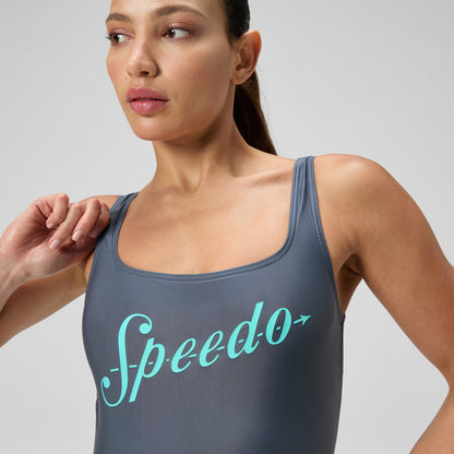Logo Square Back Swimsuit Grey/Turquoise - Speedo