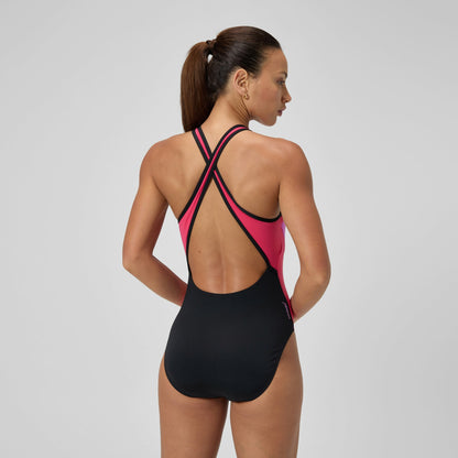 Highneck Splice Crossback Swimsuit Black/Pink - Speedo