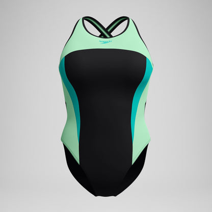 High Neck Splice Cross Back Swimsuit Black/Turquoise - Speedo