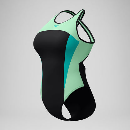 High Neck Splice Cross Back Swimsuit Black/Turquoise - Speedo