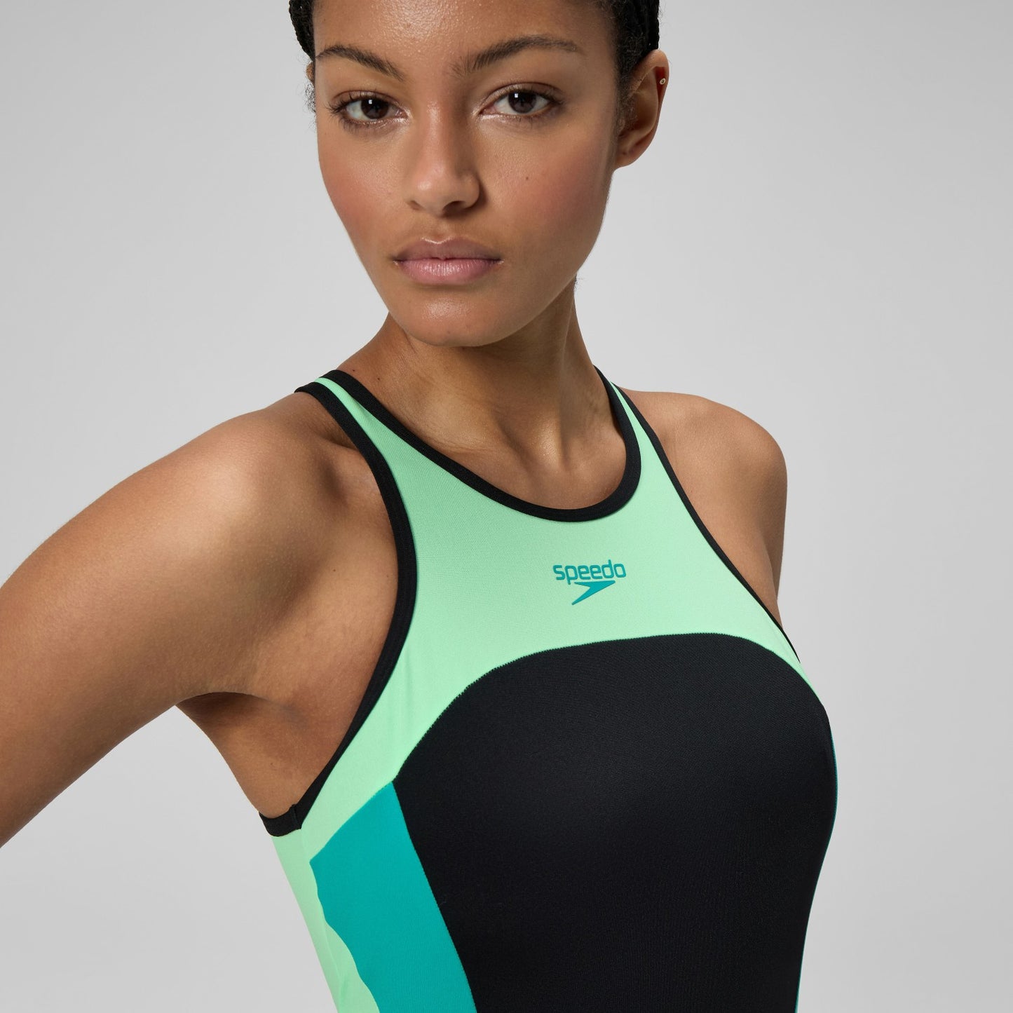 High Neck Splice Cross Back Swimsuit Black/Turquoise - Speedo